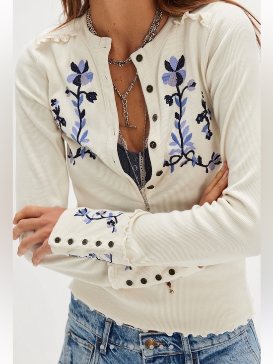 Free People Tops - Free People Fleur Embroidered Henley Cuff Top in Tea Cookie